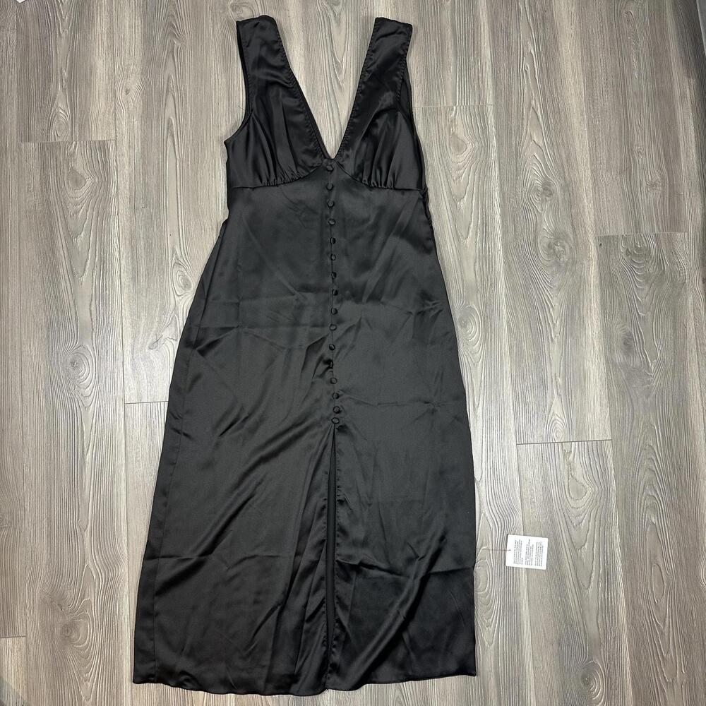 ASOS Black Satin Dress with Low Neck and Button Details